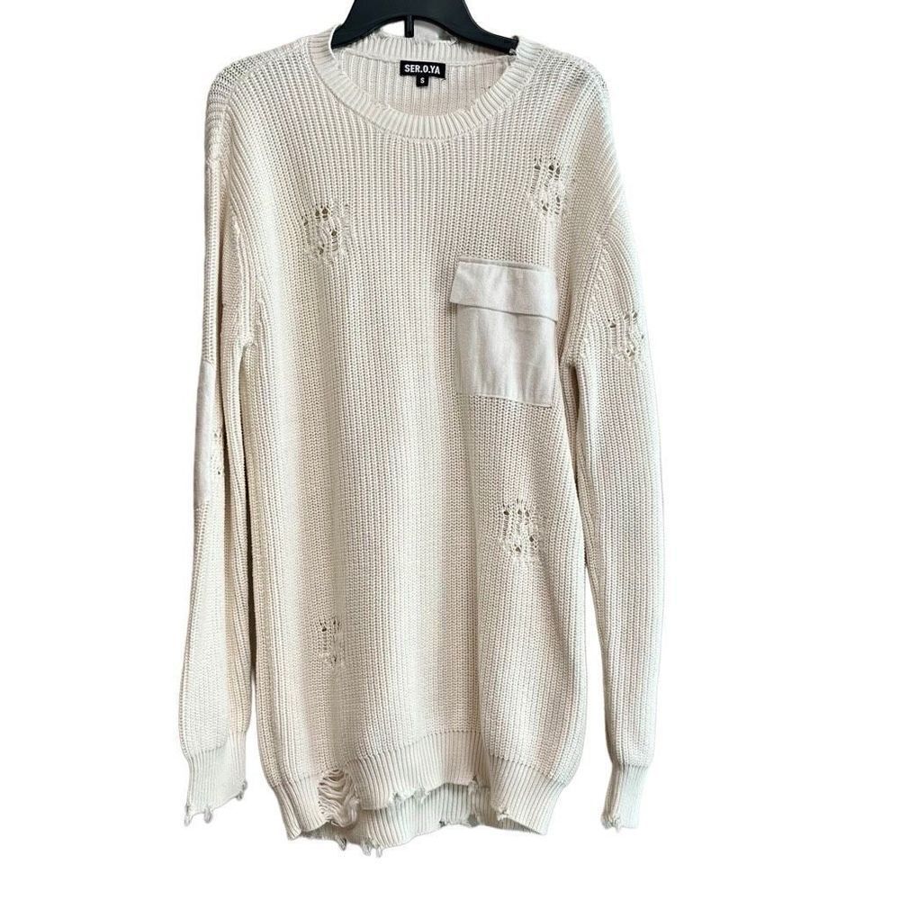 Ser.O.Ya Cream Devin Oversized Distressed Sweater Front Pocket Small